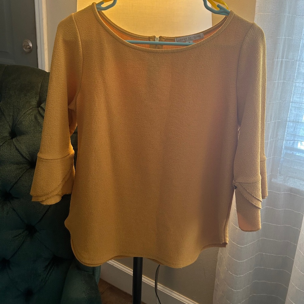 Green Envelope Mustard blouse with bell sleeves. Size Medium